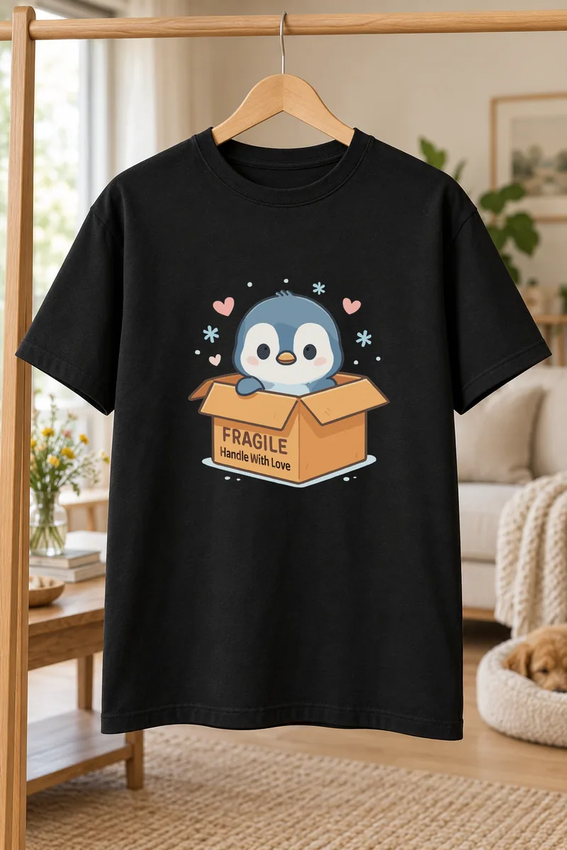 Fragile Handle With Love Cute Penguin In A Cardboard Box – Kawaii design